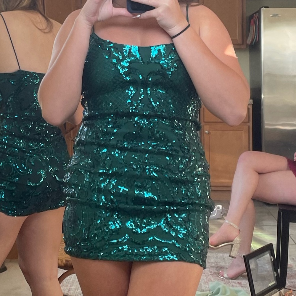 Lucy in the Sky Green Sparkle Semi-Formal Short Dress WORN ONCE - Picture 2 of 5